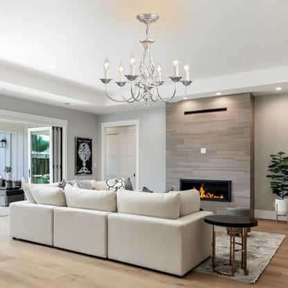 JIINOO French Country Chandeliers,Rustic Pendant Chandelier,Silver Vintage Height Adjustable Candle Wrought Iron Chandelier,6 Lights Farmhouse Pendant Light Fixture for Kitchen Dining Room Living Room