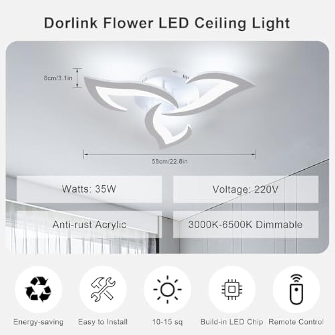 Dorlink LED Ceiling Light Dimmable, 36W 3240LM Modern Design Ceiling Lighting with Remote Control and APP,Acrylic White Flower Fittings Ceilings 3000K-6500K for Bedroom, Kitchen, Dining Room