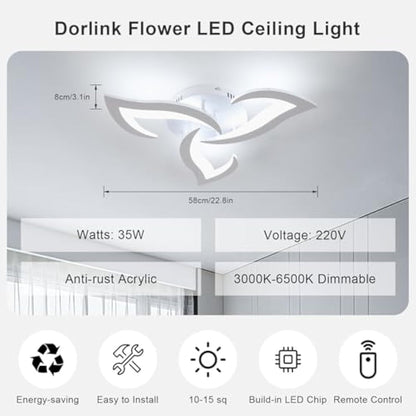 Dorlink LED Ceiling Light Dimmable, 36W 3240LM Modern Design Ceiling Lighting with Remote Control and APP,Acrylic White Flower Fittings Ceilings 3000K-6500K for Bedroom, Kitchen, Dining Room
