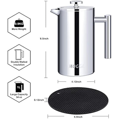 MOGGA Cafetiere 34oz/1000ml Coffee Maker Double Walled Insulated French Press with Silver Color and Large Capacity Stainless Steel Coffee Pot Easy to Use and Clean in Home Office and Camping