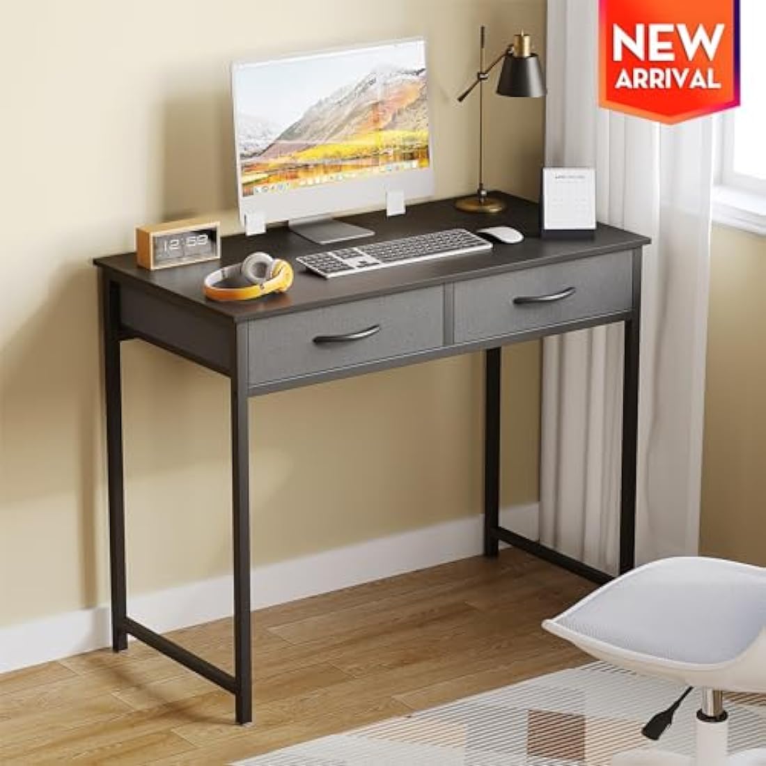 WOHOMO Small Computer Desk with Drawers, 31.5 Inch Black Vanity Desk with Storage, Home Office Computer Desks for Small Spaces, Modern Work Writing Study Table, Black