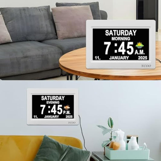 YCOO Dementia Clock, Day Date Digital Clock with Sun/Moon Icons, Large Clear Digital Display, Auto DST, 7 Display Modes, Wired Power Supply Clocks. (7 Inch White)