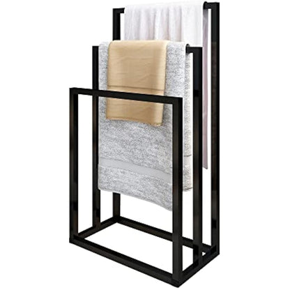 DUMEE Freestanding Towel Holder with 3 Towel Stands Rail for Bathroom Accessories Organizer, Bath & Hand Towels Storage, Black