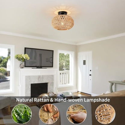 FORCOSO Rattan Ceiling Light, Boho Lamp Light Shade Rattan Lampshade, E27 Vintage Chandelier Light Fitting, Rustic Ceiling Lamp Fixtures for Living Room Bedroom Dining Room Kitchen Hallway