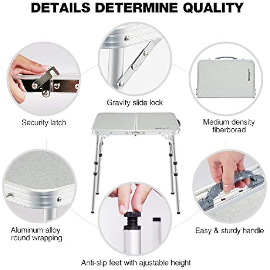 REDCAMP 2ft Folding Camping Table with 3 Adjustable Heights, Portable Foldable Picnic Tables for Outdoor Indoor Kitchen Garden, 3 Heights (26/50/66)