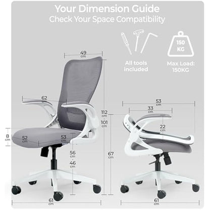 Tervo Model U | Folding Office Chair for Small Spaces | Ergonomic Design with High Rebound Mesh | Computer Desk Chair for Gaming | For Adults & Kids | Foldable & Compact with Flip Up Arms