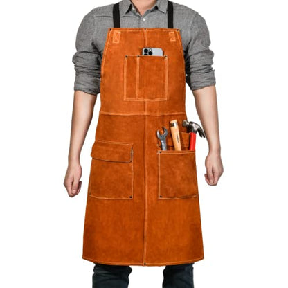 Leather Welding Work Apron - Heat Resistant & Flame Resistant Bib Apron, Flame Retardant Heavy Duty BBQ Apron, Adjustable One Size Fit Most Brown-24"x