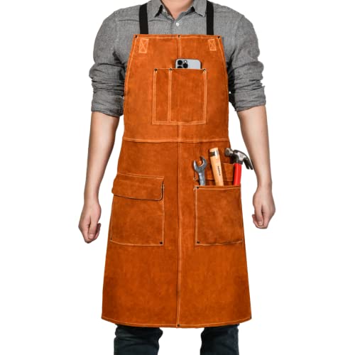 Leather Welding Work Apron - Heat Resistant & Flame Resistant Bib Apron, Flame Retardant Heavy Duty BBQ Apron, Adjustable One Size Fit Most Brown-24"x
