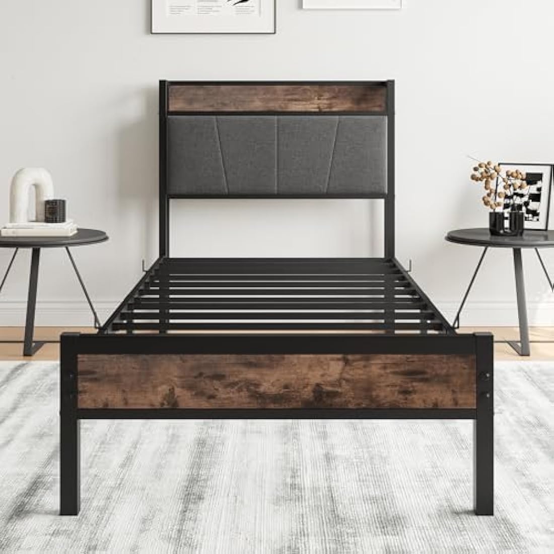 BORPHOM 3ft Single Bed Frame with Storage Headboard,Heavy Duty Metal Upholstered Platform Bed Frame,Mattress Foundation/Strong Steel Slat Support/Under-bed Storage/Easy Assembly