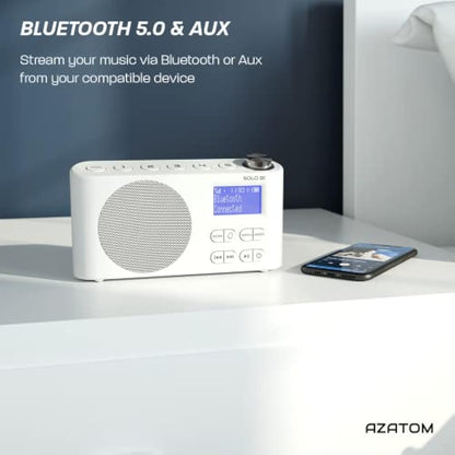 DAB/DAB+ & FM Portable Digital Radio | Bluetooth | Rechargeable Battery | Dual Alarms & Sleep Timer | Perfect for Home, Office or Outdoors | AZATOM Solo B1 (White)
