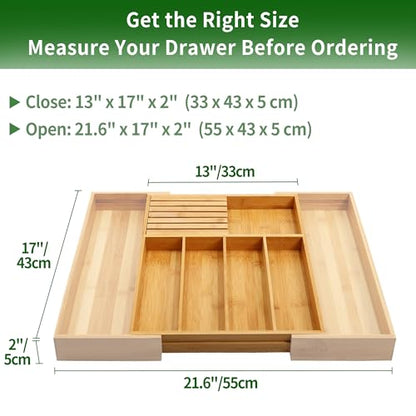 VaeFae Bamboo Cutlery Organiser for Kitchen, Wooden Utensil Drawer Organiser, Expandable Cutlery Tray and Utensil Holder
