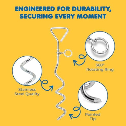 SunGrow Heavy-Duty Steel Dog Tie-Out Cable and Stake, Spiral Ground Anchor Spike with 360° Rotating Ring, Dog Tether Travel Accessories, Outdoor Yard Camping Accessories for Dogs up to 80 Pounds