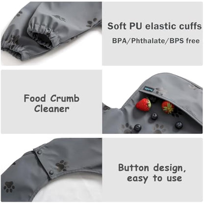 PewinGo Weaning Bib with Long Sleeves & BLW, Soft and Skin-Friendly Material, Coverall Bibs for Baby Feeding, Waterproof and Easy to Clean & Machine Washable, for Baby Infant Toddlers (Dark Grey)