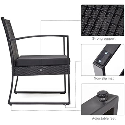 Mondeer Rattan Garden Furniture Set, 3 PCS Patio Bistro Set, 2 Seater Rattan Chairs with Cushions and Coffee Table, for Balcony Garden Indoor Outdoor Patio Backyard, Black