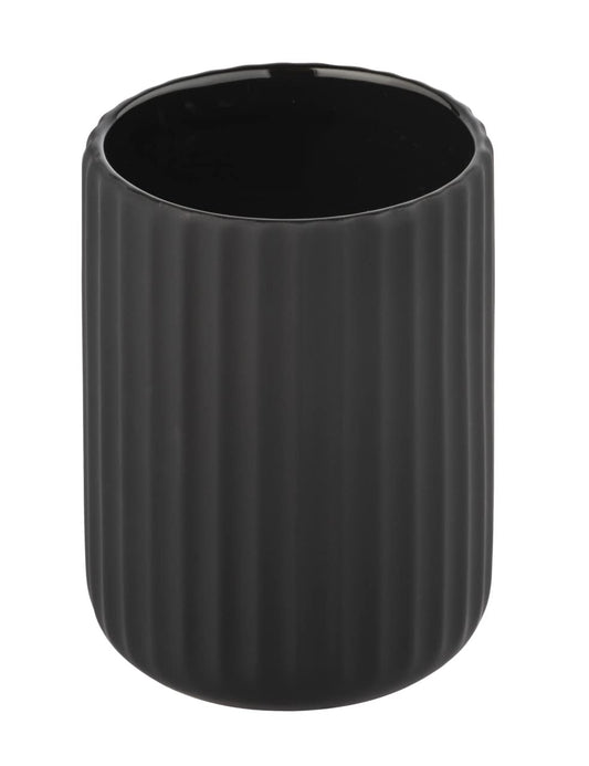 WENKO Belluno Toothbrush Holder for Toothbrush and Toothpaste Made of Elegant Ceramic with Modern Curves Ribbed Soft-Touch Surface in Matte Black