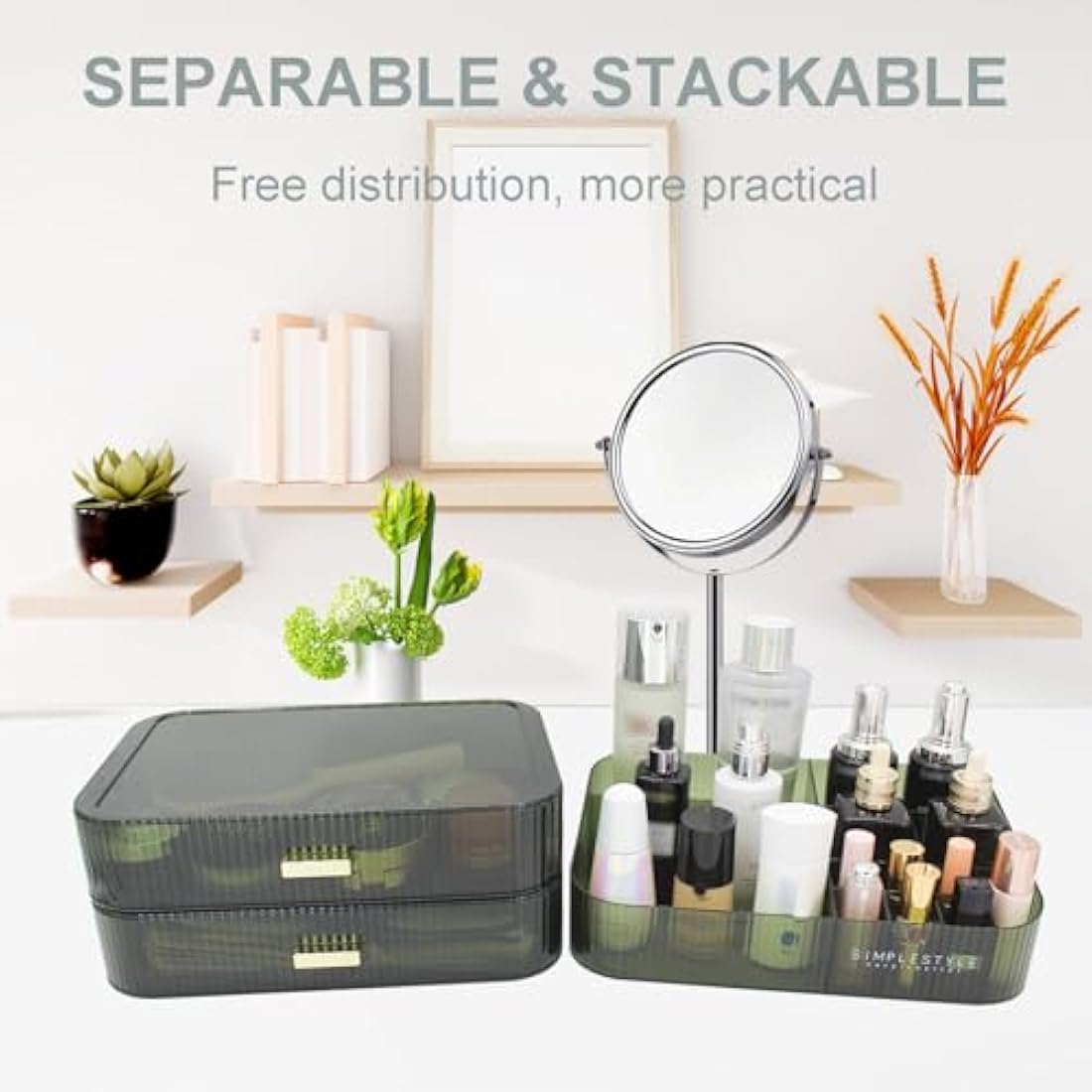 Womanht Makeup Organizer with 2 Drawers, Cosmetics Organizer for Bedroom and Bathroom Vanity Countertops, Large Capacity Cosmetic Storage Box for Skincare Cream Perfume Lipstick Dresser Counter-Green
