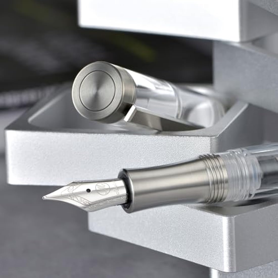 Asvine V200 Titanium Fountain Pen Vacuum Filling, Iridium Medium Nib Clear Transparent Acrylic Smooth Writing Pen Case Set