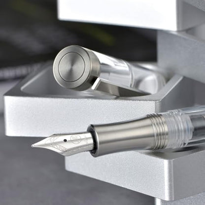 Asvine V200 Titanium Fountain Pen Vacuum Filling, Iridium Medium Nib Clear Transparent Acrylic Smooth Writing Pen Case Set