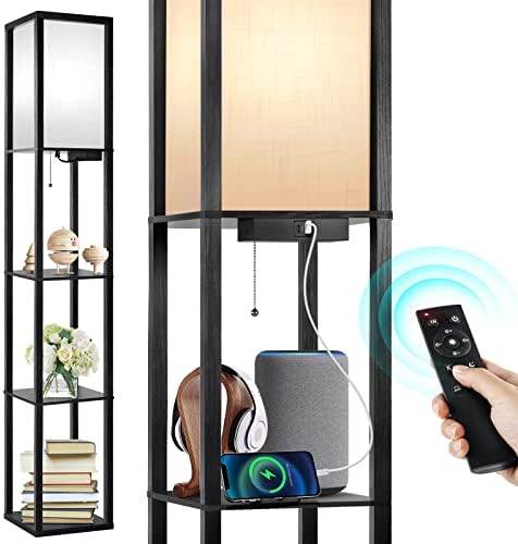 OUTON Floor Lamp Shelf with Remote Control, Dimmable & 4 Colour Temperature Adjustable, 1H Timer, LED Floor Lamp with 2 USB Ports, Floor Lamps with Lampshade for Living Room, Bedroom, Office(Black)