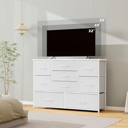 LYNCOHOME White Chest of Drawers for Bedroom, 9 Drawer Fabric Dresser Storage Organizer, Wide Dresser TV Stand for Bedroom, Living Room, Entryway, Nursery
