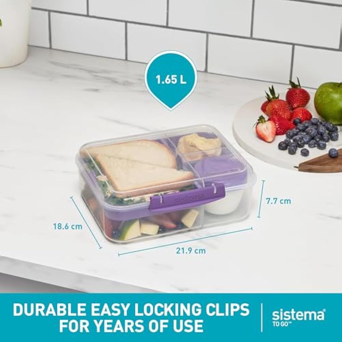 Sistema Bento Box Lunch | Bento School Lunch Box with Compartments | 1.65 L | Food Storage Container in Minty Teal | 1 Count
