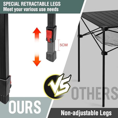 VILLEY Camping Table Folding, Lightweight Roll Up Aluminum Camp Table with Carry Bag, Adjustable Height Portable Outdoor Table for Picnic, Beach, Hiking, Fishing, Large