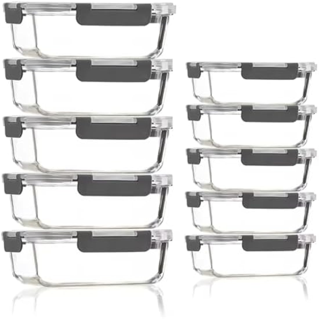 Glass Containers with Lids, 10 Pack Airtight Glass Meal Prep Containers, Glass Food Storage Containers, Reusable, Stackable, Microwave, Oven, Freezer and Dishwasher, 1050ml & 370ml (Gray)