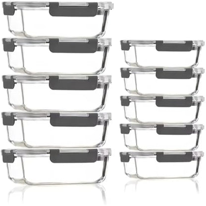Glass Containers with Lids, 10 Pack Airtight Glass Meal Prep Containers, Glass Food Storage Containers, Reusable, Stackable, Microwave, Oven, Freezer and Dishwasher, 1050ml & 370ml (Gray)