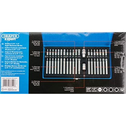 Draper Expert TX-STAR® 1/2" 40 Piece Hex & Spline Mechanics Bit Set | 3/8 Square Drive Hand Tool | Chrome Vanadium Steel Sockets Mechanics Car Tools | Steel Case | 33322