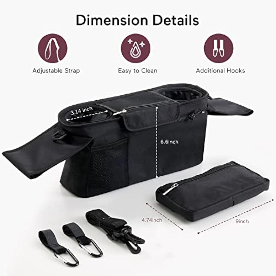 Momcozy Baby Pushchair Organiser, 3 Insulated Cup Holder，Detachable Zippered Pocket, Adjustable Shoulder Strap, Large Capacity for Baby Essentials, Compact Design Fits Any Pram Handlebar