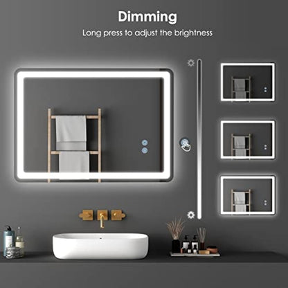 Potuem Bathroom Mirror with LED Lights, 500 * 700 MM Illuminated Backlit Wall Mounted Vanity Mirror with 3 Lights, Anti-Fog, Dimmable, IP54, Horizontal/Vertical