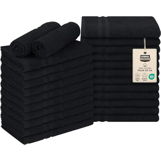 Utopia Towels - Cotton Bleach Proof Salon Towel (16x27 inches) - Bleach Safe Gym 100% Cotton Hand Towel (24 Pack, Black)
