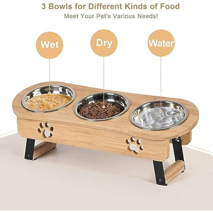 GHIAKQYT Raised Feeding Bowls - Cat Feeding Station 3 Bowls Raised Cat Bowl Height Adjustable Feeding Bowl Feeding Bar with Stand Stainless Steel Bowls for Water Food - Feeding Bowl for Cats (Bamboo
