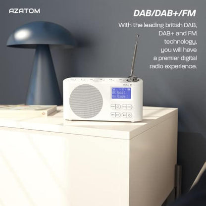 DAB/DAB+ & FM Portable Digital Radio | Bluetooth | Rechargeable Battery | Dual Alarms & Sleep Timer | Perfect for Home, Office or Outdoors | AZATOM Solo B1 (White)