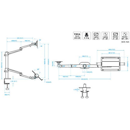 Thingy Club Dual Arm Monitor & Laptop Mount, Desk Mount Stand for up to 30 inch Computer Screen and 12-17 inch Laptop, Height Adjustable, Swivel at Any Angle, Each Arm Supports 8KG (Silver)