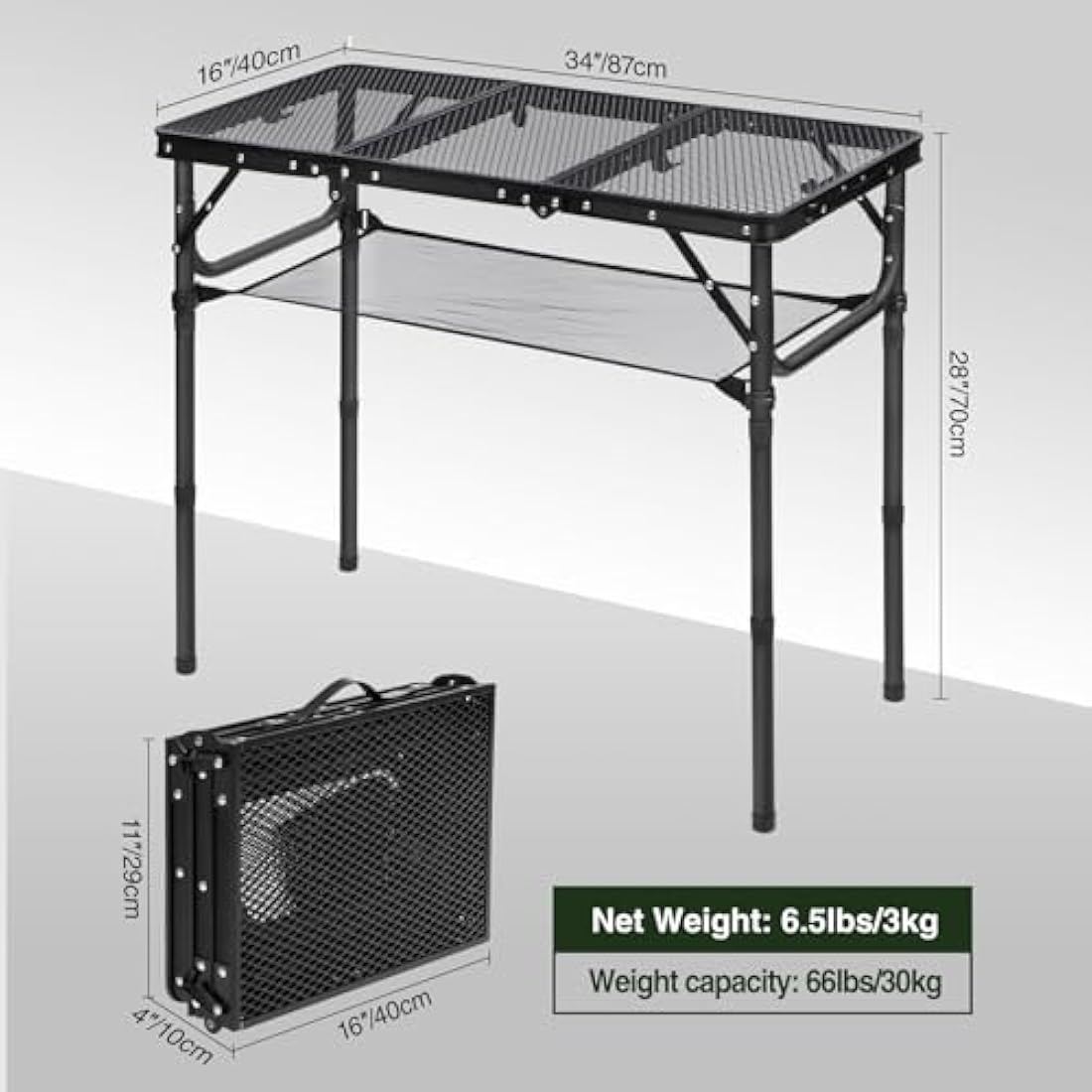 REDCAMP 2.8ft Folding Camping Table for Outside, Lightweight Aluminum Portable Folding Table for Cooking BBQ, Metal Grill BBQ Table Easy to Assemble with Adjustable Heights Legs,Black 87cm x 40cm