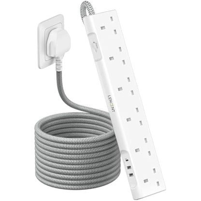 LENCENT 3M Extension Lead with USB Slots, 6 Way Outlets Power Strip with 1 USB-C and 2 USB Slots,Multi Power Plug Extension with 3M Braided Extension Cord for Home Office, White