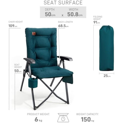 EVER ADVANCED Luxury Camping Chairs 2 Set for Adults Heavy Duty High Back Oversized Folding Garden Chair Comfy Padded 6cm Loadable 150kg Cam Adjustable Dining Chairs 4-Position Recliner Green