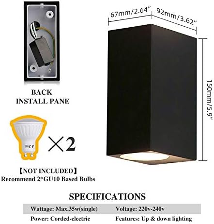 HLFVLITE 2 X Black Outside Wall Light Aluminium Up Down Outdoor Wall lamp, GU10 Exterior Wall Sconce, IP44 Waterproof Garden Lights for Front Door, Patio, Terrace, Hallway, Garage, Porch