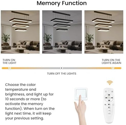 Mikeru Rectangular 3 Ring Pendant Light, 40+60+80CM Living Room Pendant Lights 3000K/4500K/6000K with Remote Control Minimalist Pendant Lamp 10%-100% Dimmable Black Chandelier for Restaurants