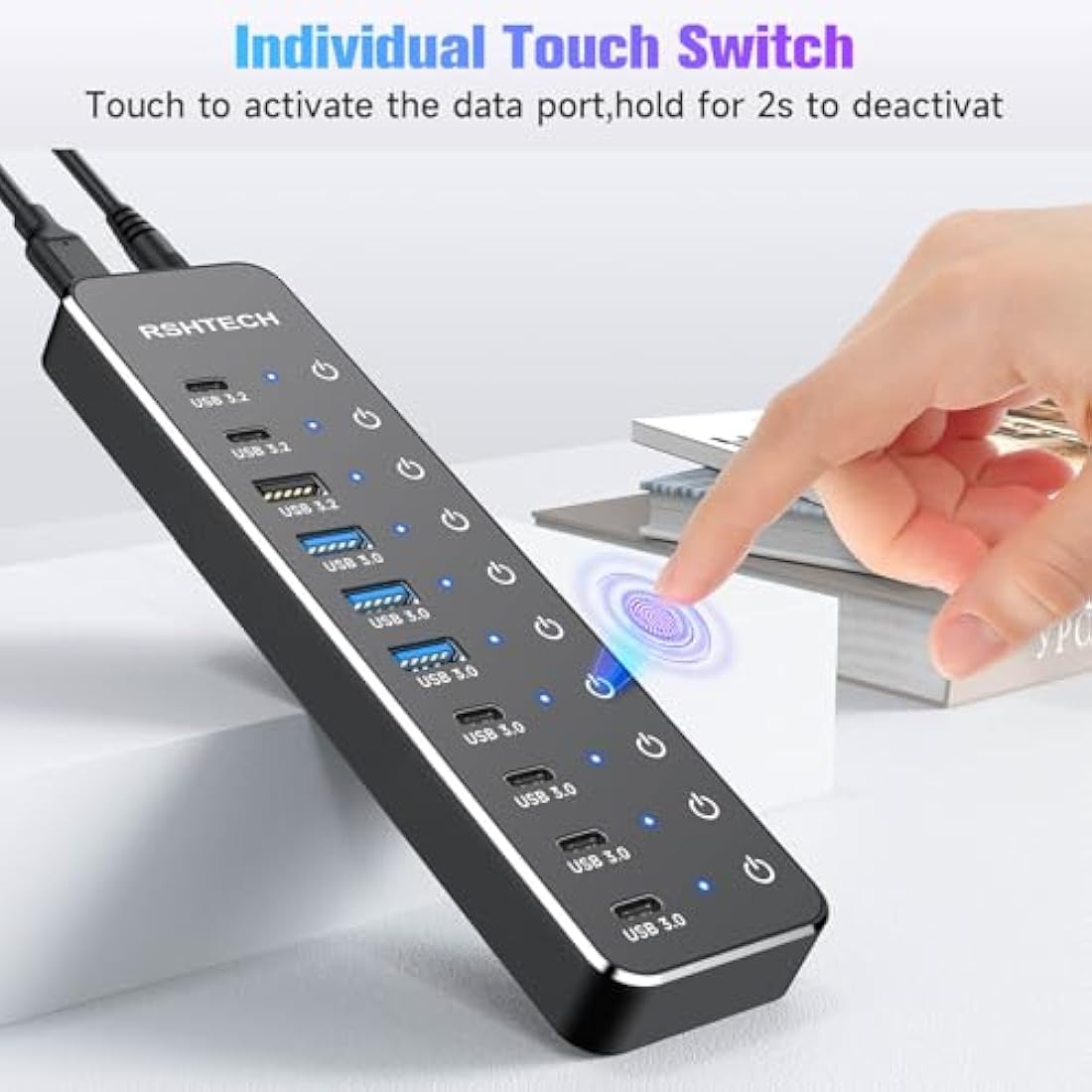 RSHTECH Powered USB C/3.2 Hub 60W, 10 Port USB HUB with 3x 10Gbps USB 3.2 Ports (2C+1A), 7x 5Gbps USB 3.0 Ports (4C+3A), 3.3ft USB-C/A Cable and 12V/5A Power Adapter