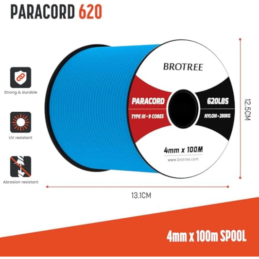 Brotree Paracord 4mm 100M 9 Strands 100% Nylon Rope Type 3 Parachute Cord for Outdoor, Bracelet, DIY - 280kg Breaking Load (Blue)