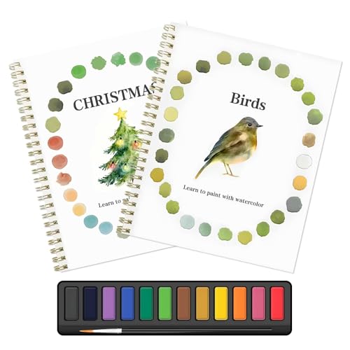 2Pcs Watercolour Workbooks for Adults, Watercolour Book for Beginners, 12 Colors Water Colour Paints Set with Brush, Nature Scenes Art Crafts Kit for