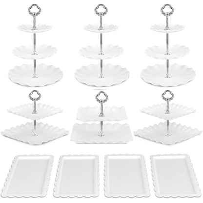 Pack of 10 NWK Cake Stand, Cupcake Stand, with 3 x Two-Tier Cupcake Stands, 3 x Three-Tier Cupcake Stands, 4 x Appetizer Trays, for Birthday Baby Bridal Shower Party (Silver)