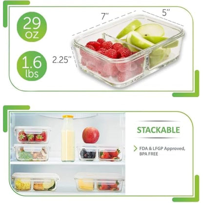 [5-Pack] Food Prep & Storage Glass Containers with Lids - Airtight Glass Meal Prep Containers Reusable (850 Millilitres - 2 Compartment)