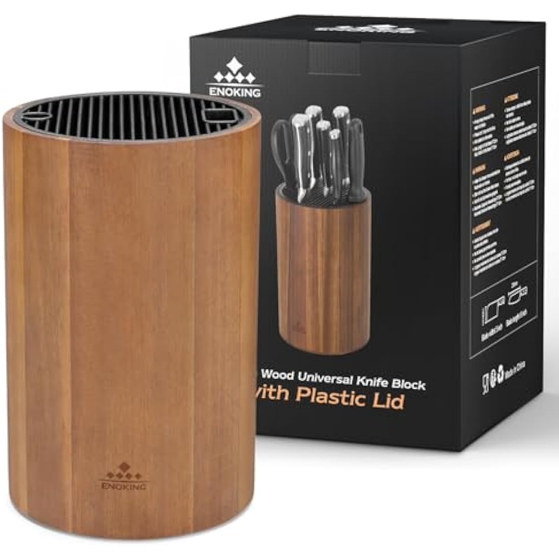 ENOKING Round Knife Holder with Plastic Lid, Acacia Wood Knife Block Without Knives, Universal Knife Block Holder for Scissors, Sharpening Rod and Knives, Knife Storage Organizer Display