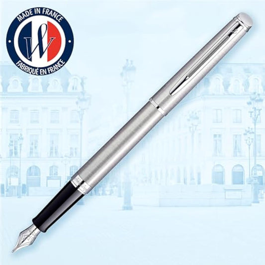 Waterman Hémisphère Fountain Pen | Stainless Steel with Chrome Trim | Fine Nib | Blue Ink | Gift Box