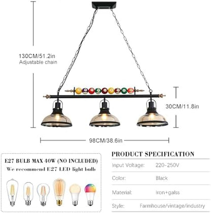 Retro Industrial Pendant Light, Black American Wrought Iron Snooker Bar Restaurant Style Chandelier,Hanging Lamp for Pool Table, Dining Table, Island Table