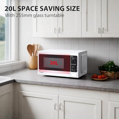 TOSHIBA 20 Liter 800W Manual Control Solo Small Microwave, Compact with 5 Power Levels, Automatic Defrost Function, Perfect for 9'' pizza, Clock and Timer, Easy Clean, White- MM-MM20P(WH)
