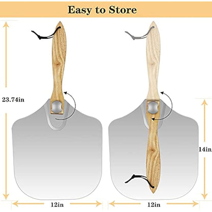 LKE Pizza Peel Aluminum Metal Pizza Paddle with Foldable Wood Handle Easy Storage Pizza Shovel 12 inch for Baking Homemade Pizza